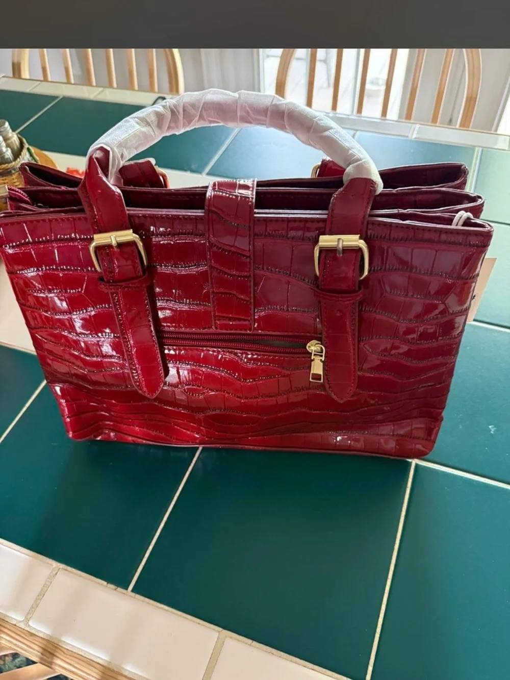 Structured Croc-Embossed Shoulder Bag in Deep Wine